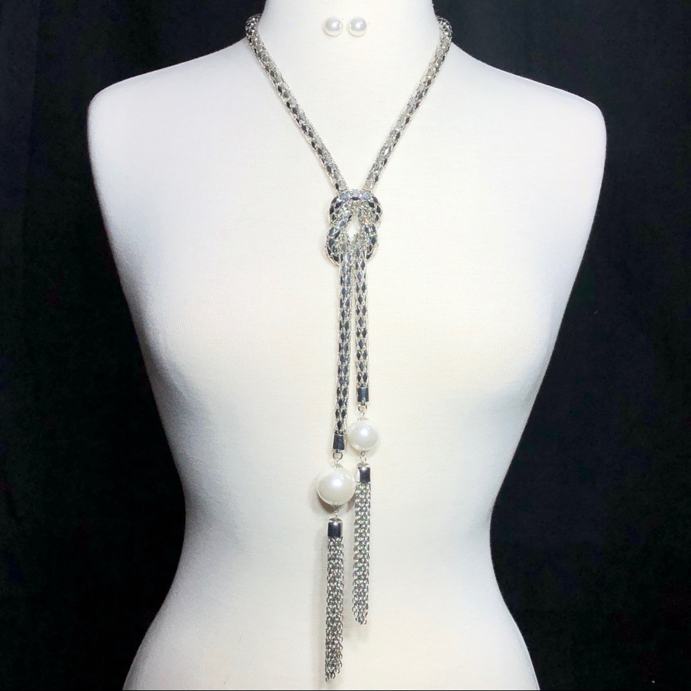 Long Chunky Pearl Knot Tassel Necklace Earring Set